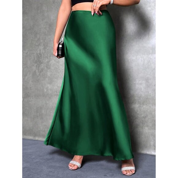 Elegant Satin Maxi Skirt for Women High Waisted Deep Green Silk Dressy Casul - Picture 5 of 7